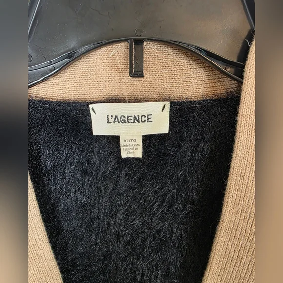 L'AGENCE 'Elin' 4-Pocket Fuzzy Cardigan Sweater, Black/Camel M,XL